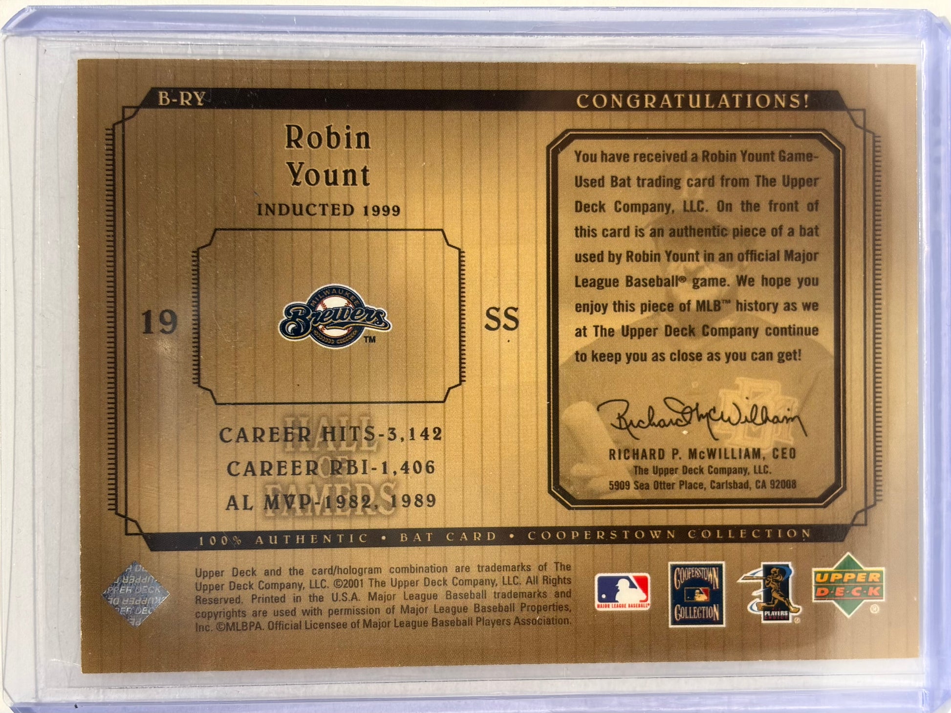 2001 Upper Deck Hall of Famers Cooperstown Collection Robin Yount Relic #B-RY NM - Papa Joey's Collectibles