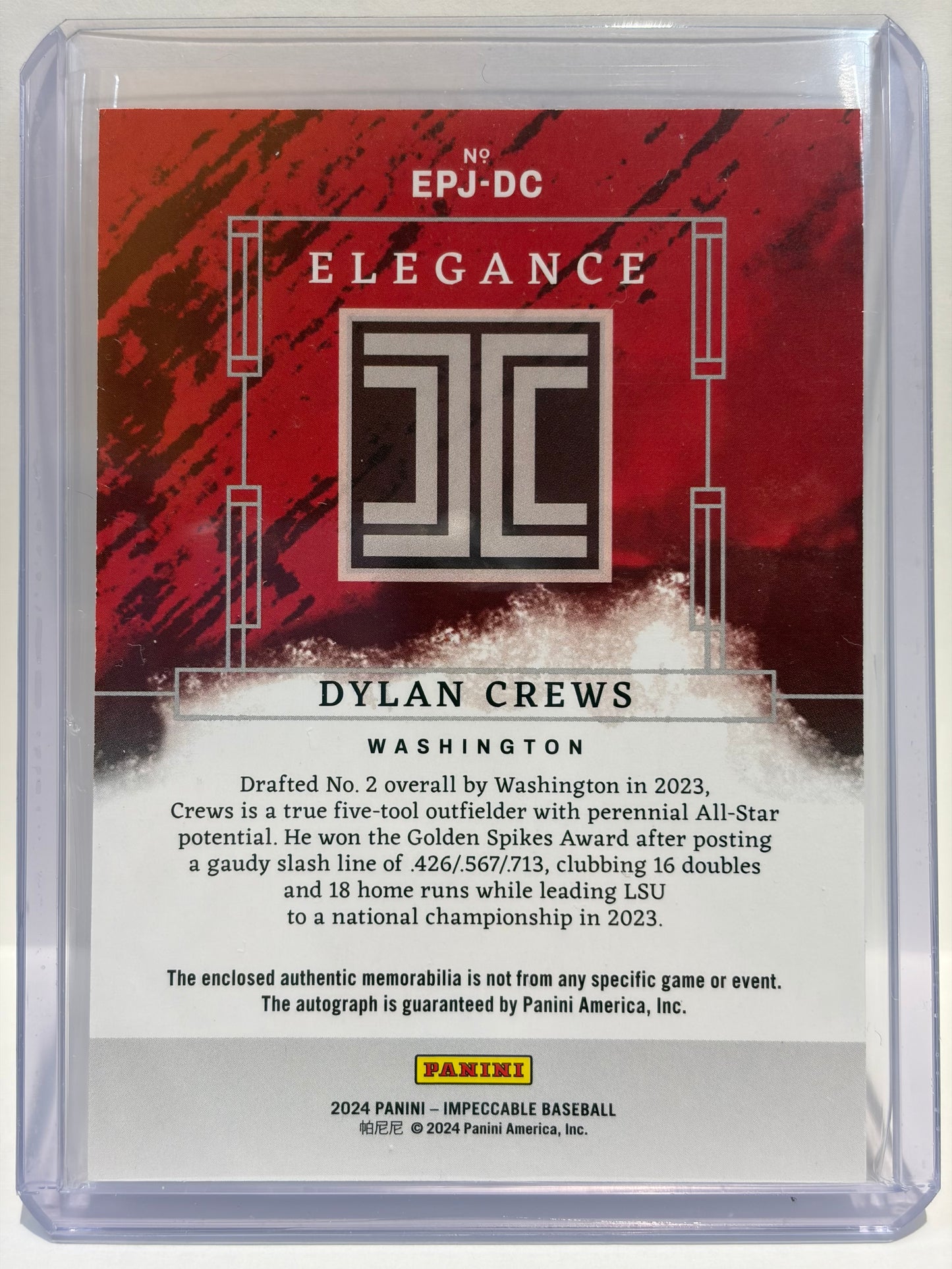 2024 Panini Impeccable Elegance Dylan Crews Auto Patch 56/99 #EPJ-DC Near Mint - Papa Joey's Collectibles