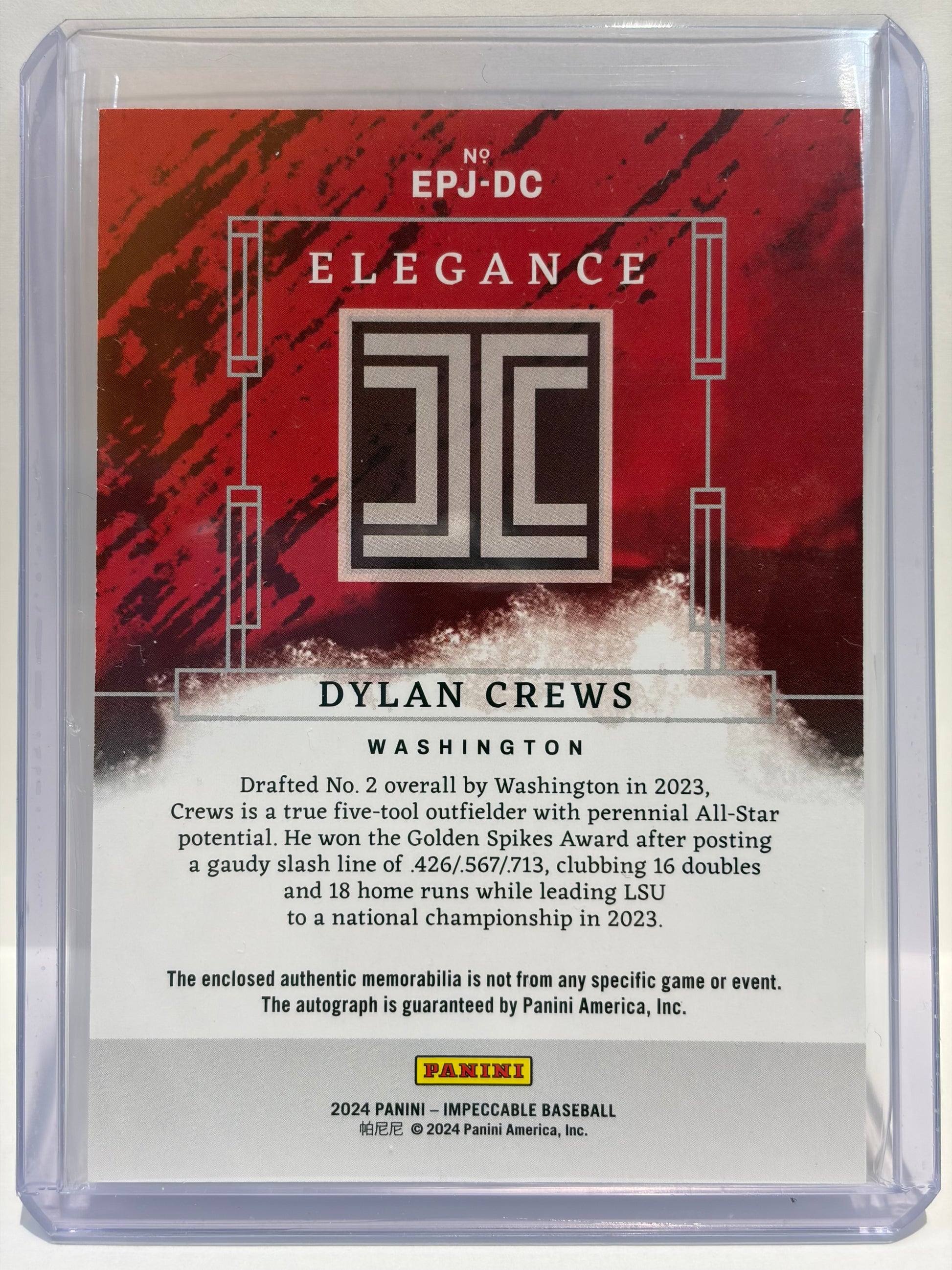 2024 Panini Impeccable Elegance Dylan Crews Auto Patch 56/99 #EPJ-DC Near Mint - Papa Joey's Collectibles