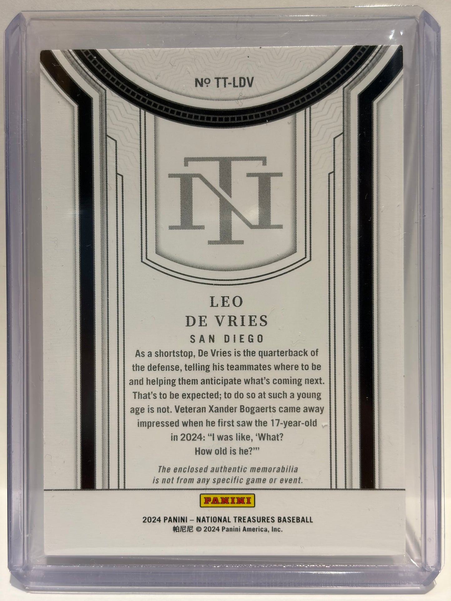 2024 Panini National Treasures Leo De Vries 10/25 Patch #TT-LDV Near Mint - Papa Joey's Collectibles