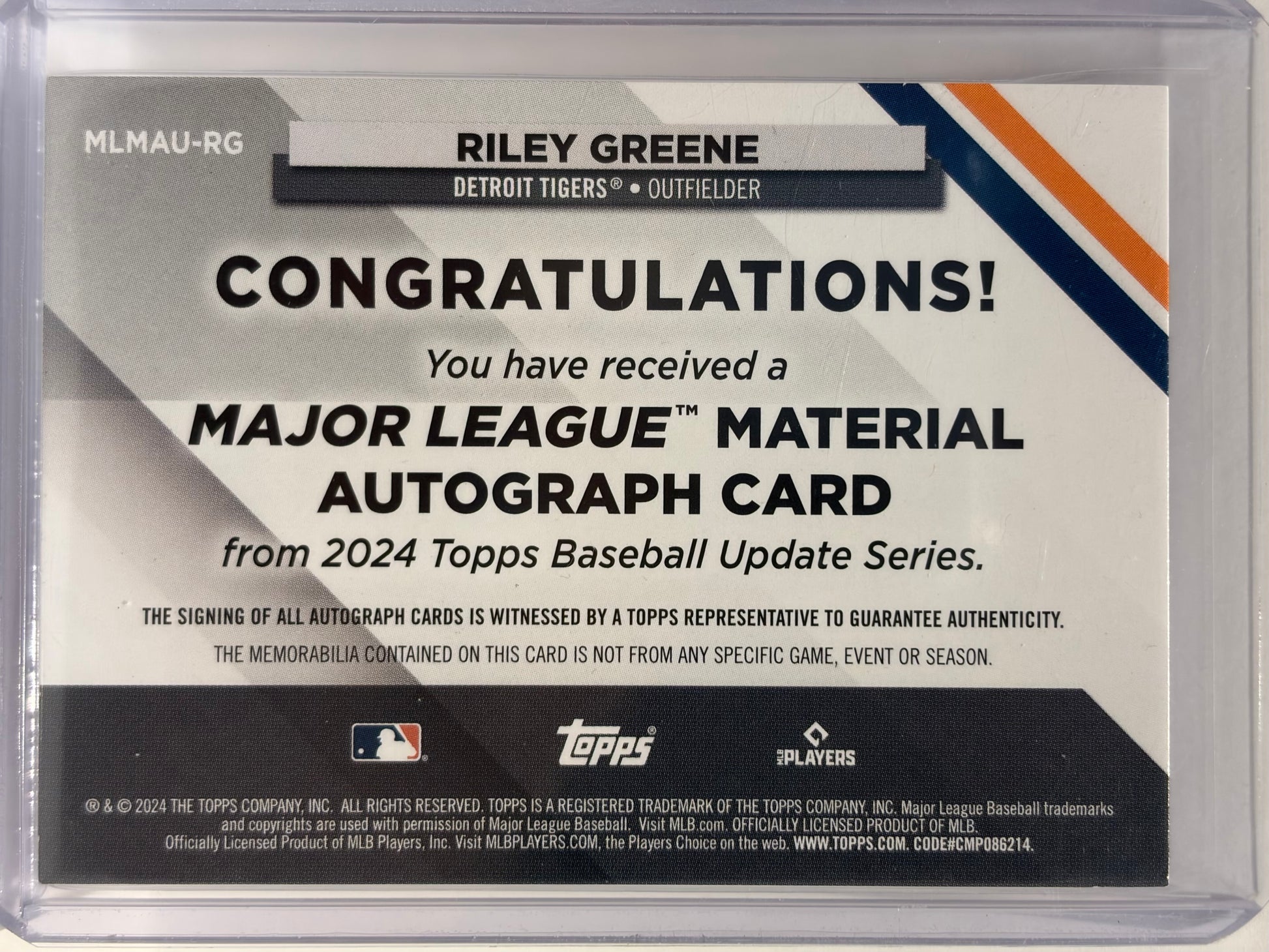2024 Topps Baseball Update Series Riley Greene Auto Patch 23/25 #MLMAU-RG - Papa Joey's Collectibles