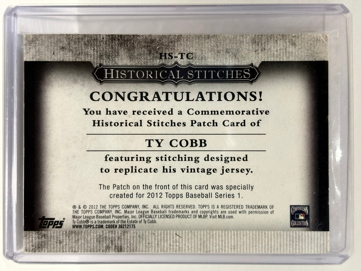2012 Topps Historical Stitches Baseball Ty Cobb Patch #HS-TC Near Mint - Papa Joey's Collectibles