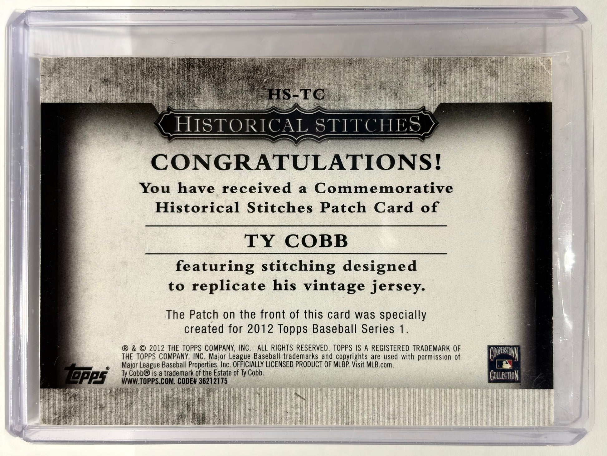 2012 Topps Historical Stitches Baseball Ty Cobb Patch #HS-TC Near Mint - Papa Joey's Collectibles