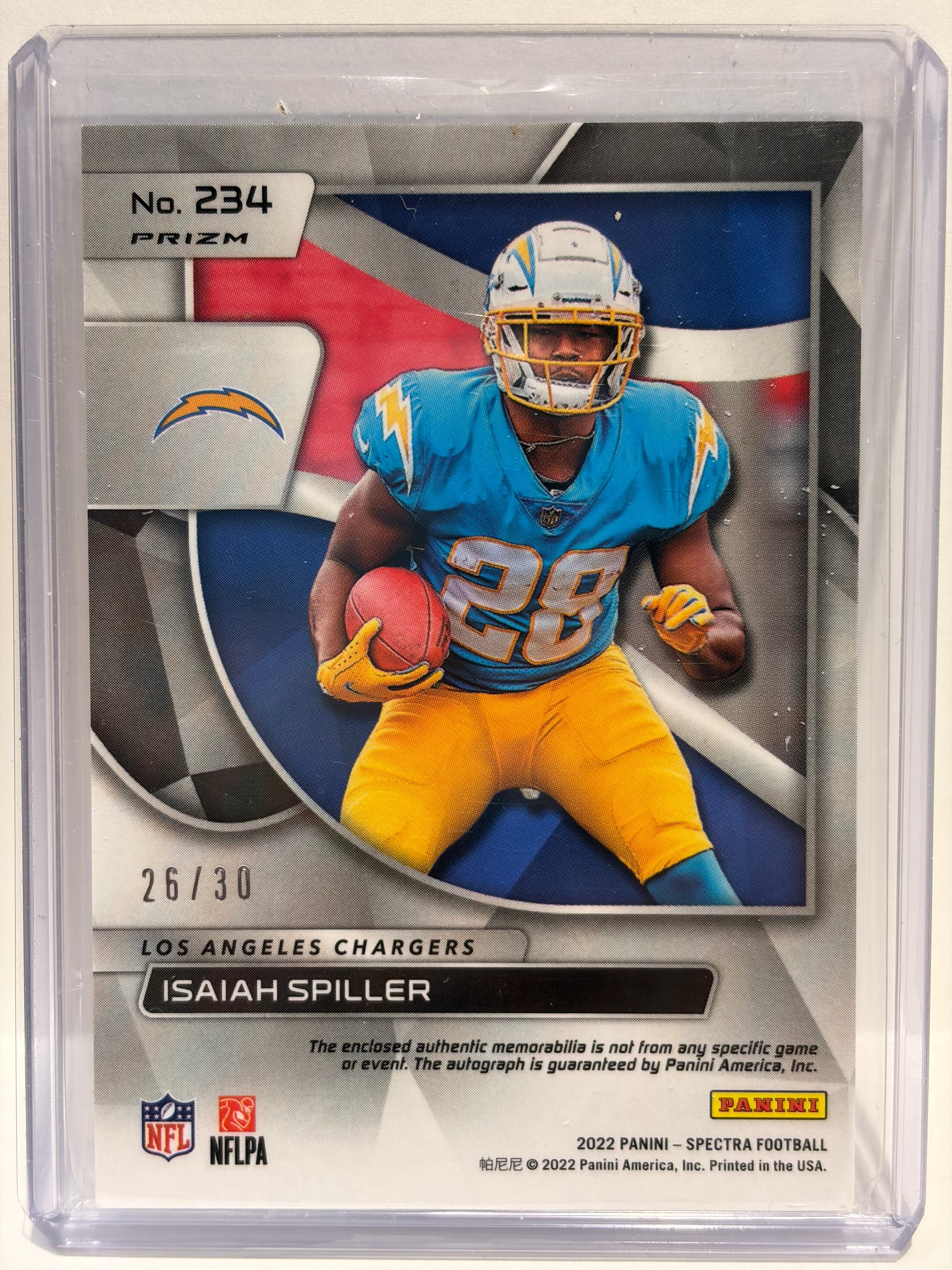 2022 Panini Spectra Isaiah Spiller Auto 26/30 Patch RC Neon Purple #234 NM - Papa Joey's Collectibles