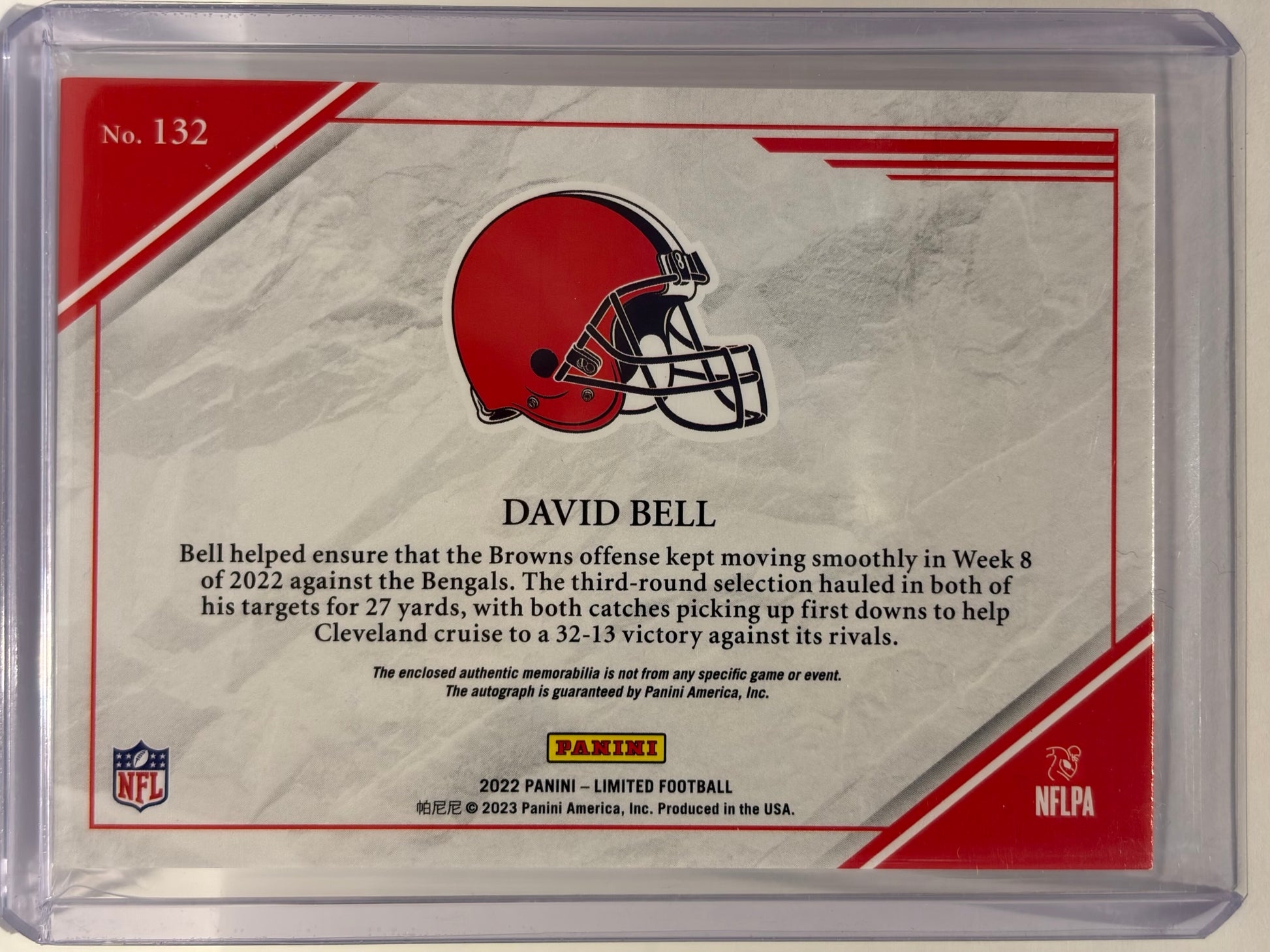 2023 Panini Limited Football David Bell Autograph Patch RC 56/75 #132 Near Mint - Papa Joey's Collectibles