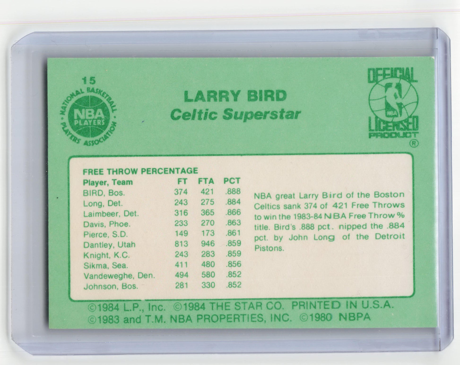The Star Co. 1984 Star Basketball Larry Bird 1984 Free Throw Leader #15 NM - Papa Joey's Collectibles