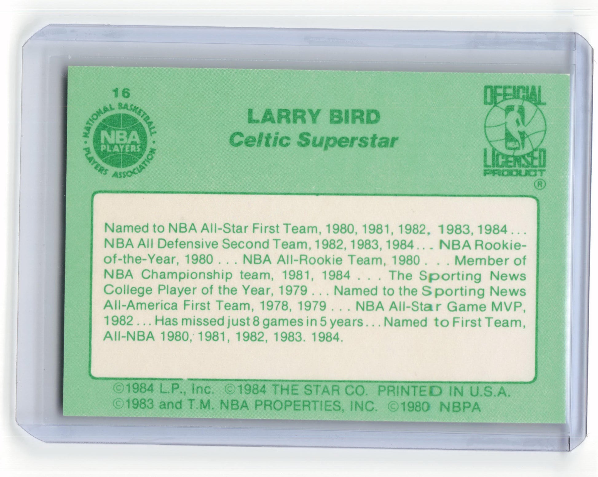 The Star Co. 1984 Star Basketball Larry Bird Career Data #16 Near Mint - Papa Joey's Collectibles