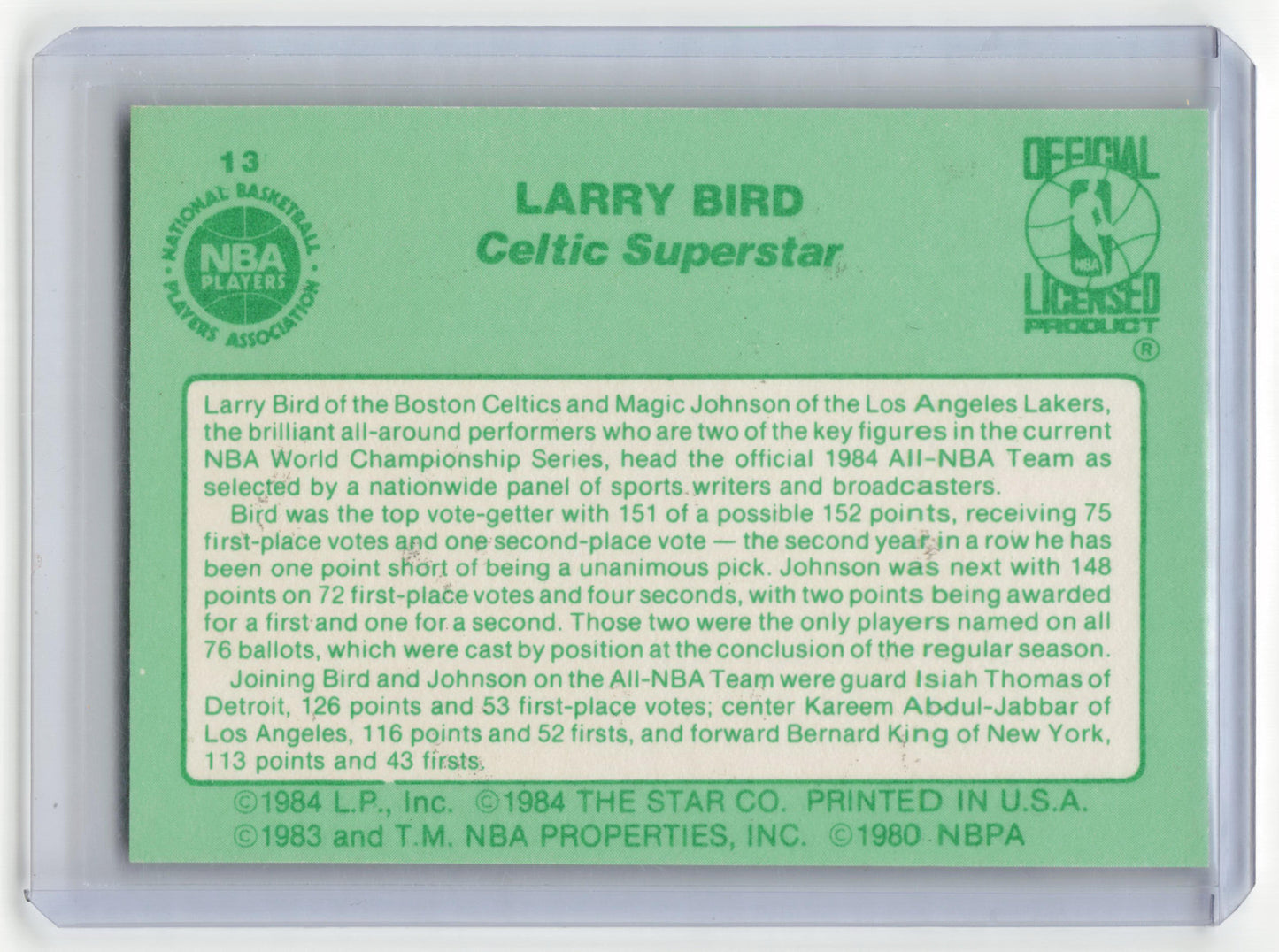The Star Co. 1984 Star Basketball Larry Bird Member - 1984 All NBA Team #13 NM - Papa Joey's Collectibles