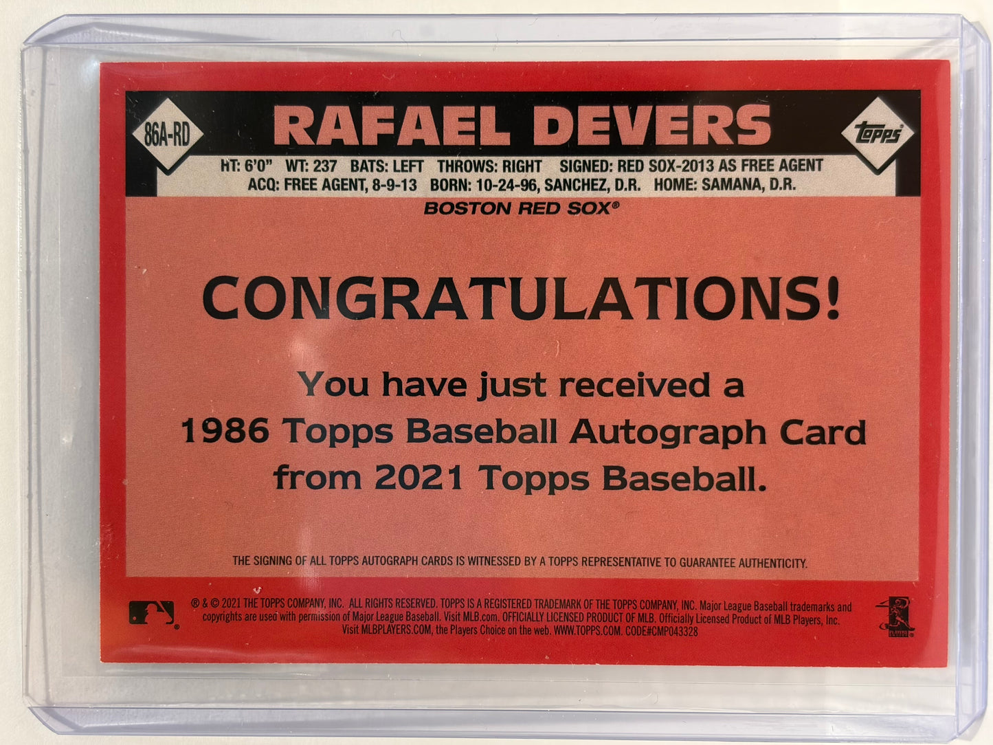 2021 Topps 1986 Topps Baseball Autograph Rafael Devers #86A-RD Near Mint - Papa Joey's Collectibles