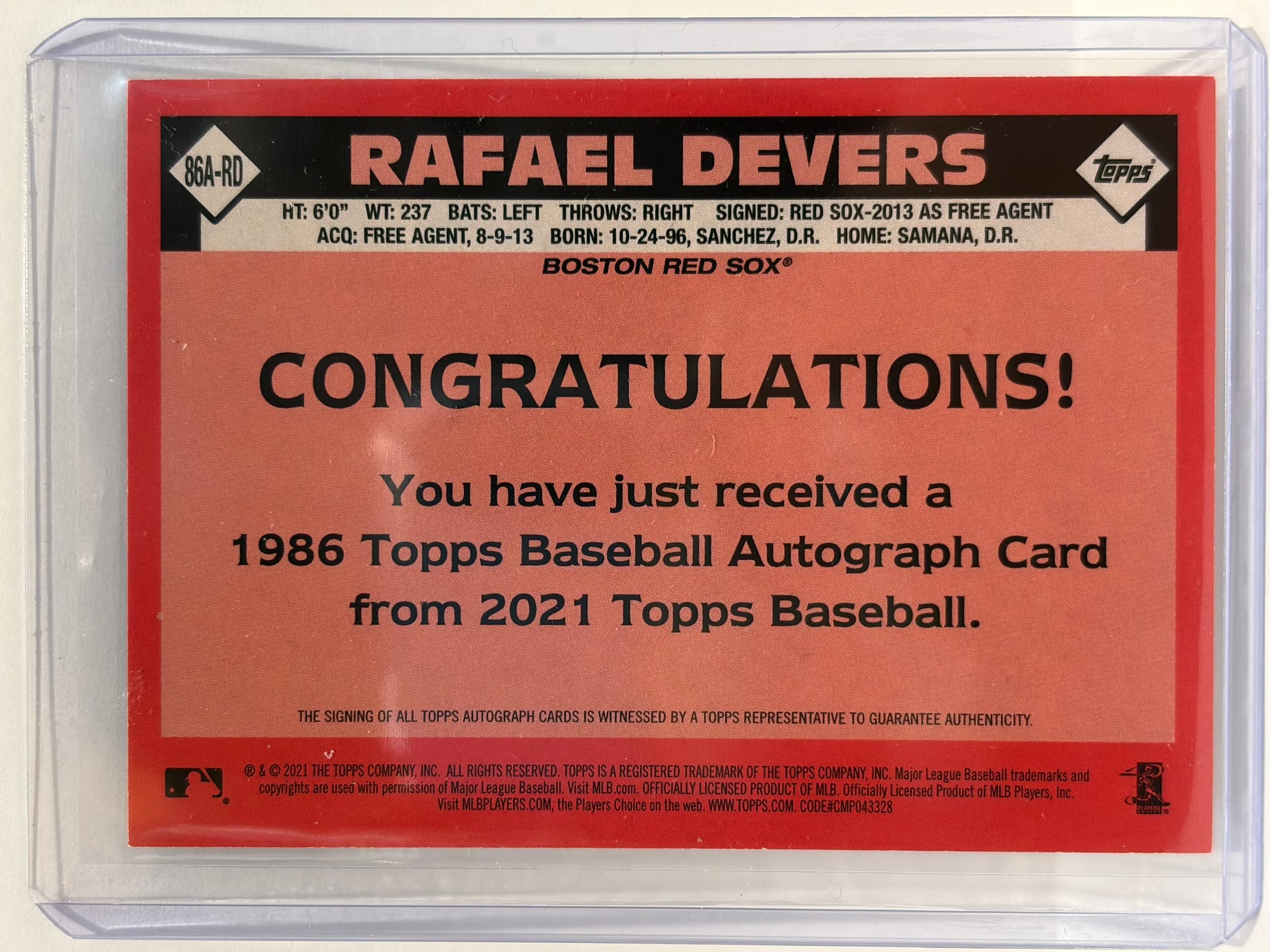 2021 Topps 1986 Topps Baseball Autograph Rafael Devers #86A-RD Near Mint - Papa Joey's Collectibles