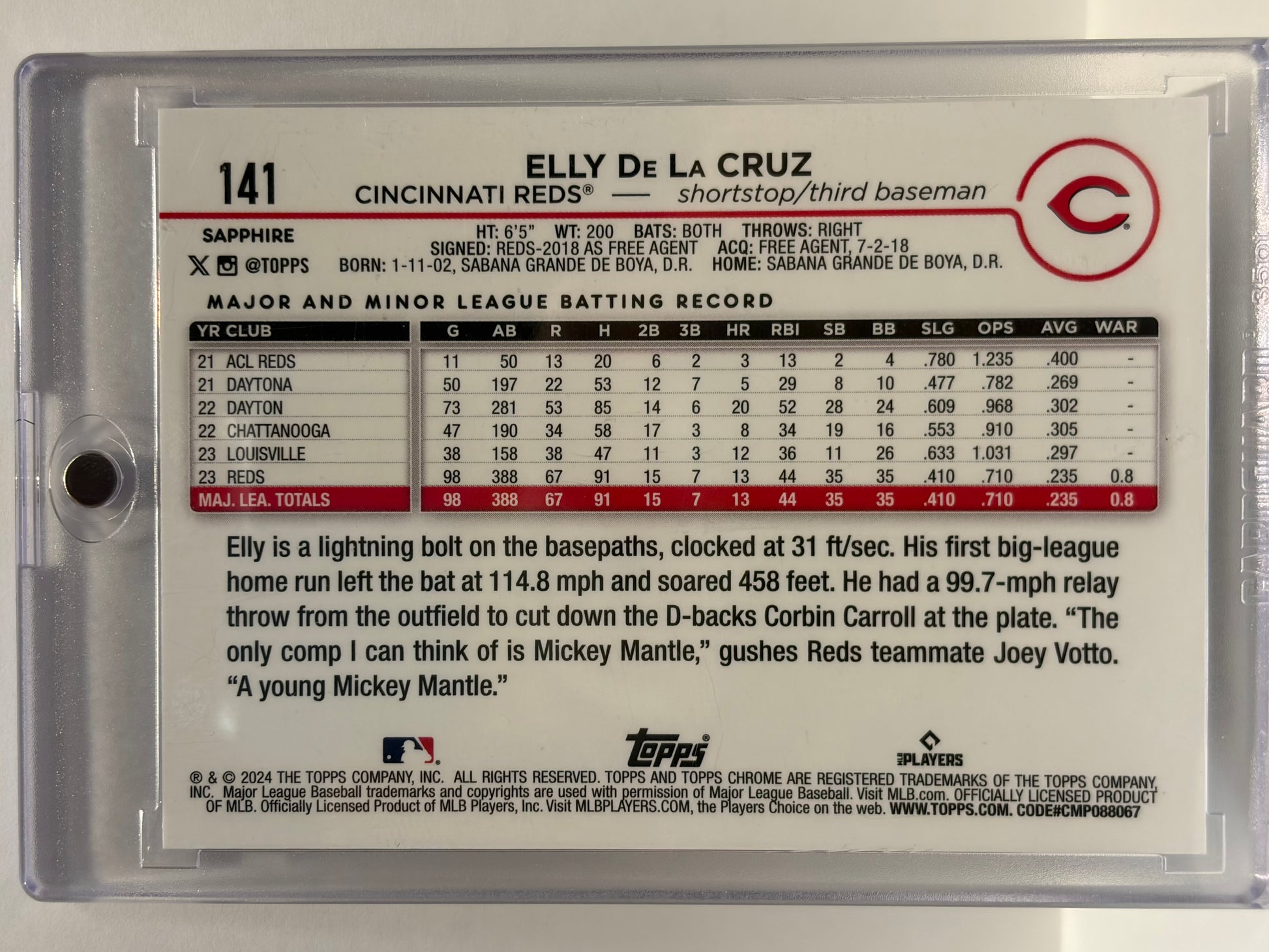 2024 Topps Chrome Sapphire Edition Elly De La Cruz RC #141 Near Mint - Papa Joey's Collectibles