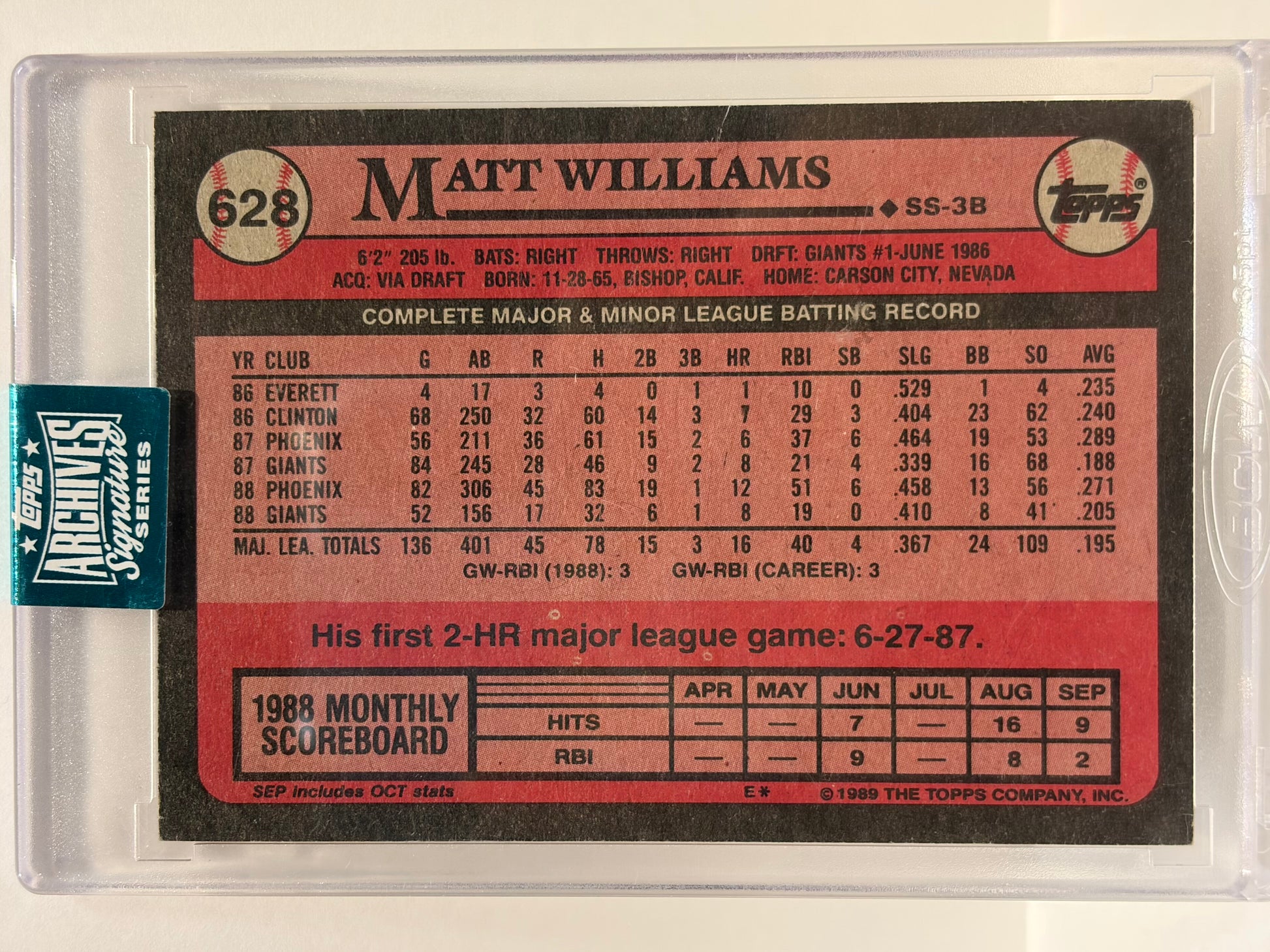 1989 Topps Baseball Matt Williams Autograph 32/99 #628 Near Mint - Papa Joey's Collectibles