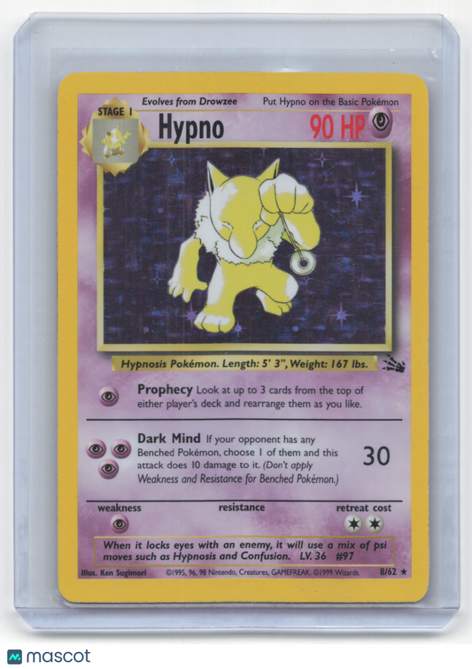 1999 Pokemon Hypno Fossil Rare Holo #8/62 Moderately Played