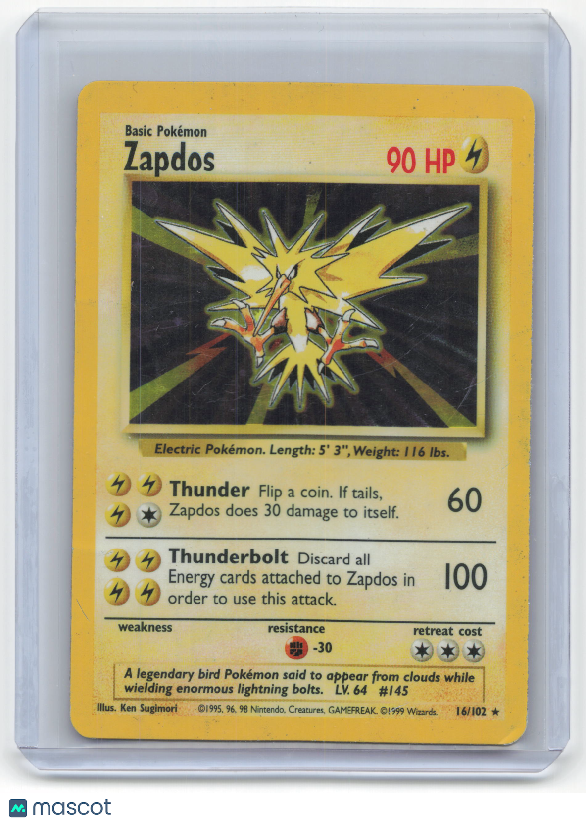 1999 Pokemon Zapdos Base Set Rare Holo #16/102 (Damaged)