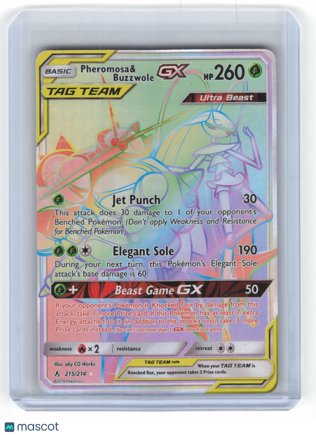 2019 Pokemon Pheromosa & Buzzwole GX Unbroken Bonds Rainbow Holo #215/214 NM