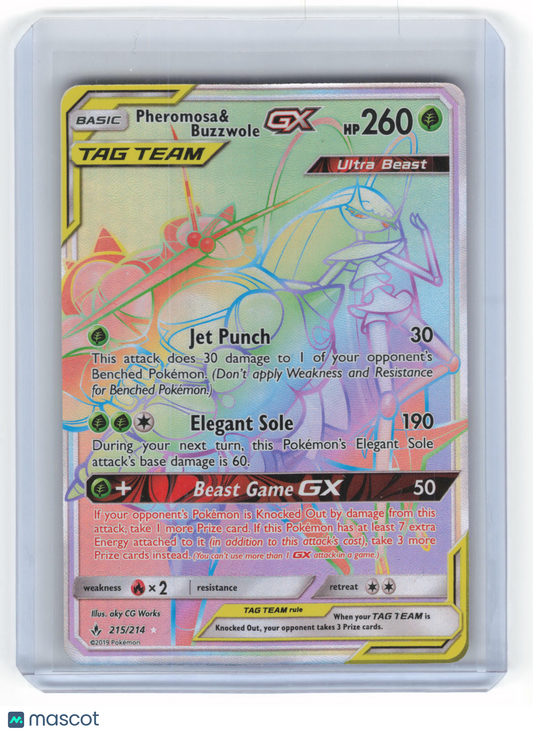 2019 Pokemon Pheromosa & Buzzwole GX Unbroken Bonds Rainbow Holo #215/214 NM
