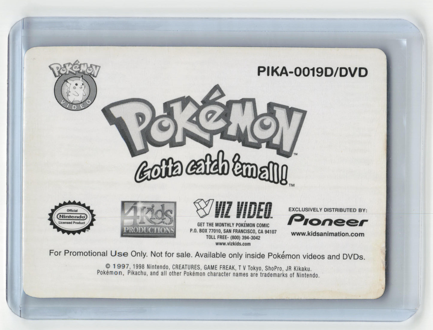 1998 Pokémon DVD Promo Pikachu, Togepi, Horsea Lenticular #PIKA-0019D/DVD
