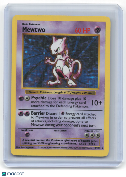 1999 Pokemon Mewtwo Base Set Rare Holo #10/102 Moderately Played Shadowless