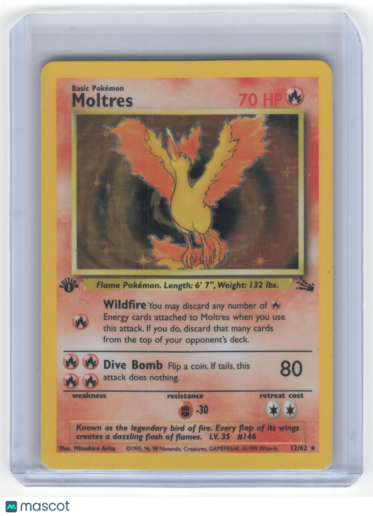 1999 Pokemon Moltres Fossil Rare Holo #12/62 1st Edition Moderately Played
