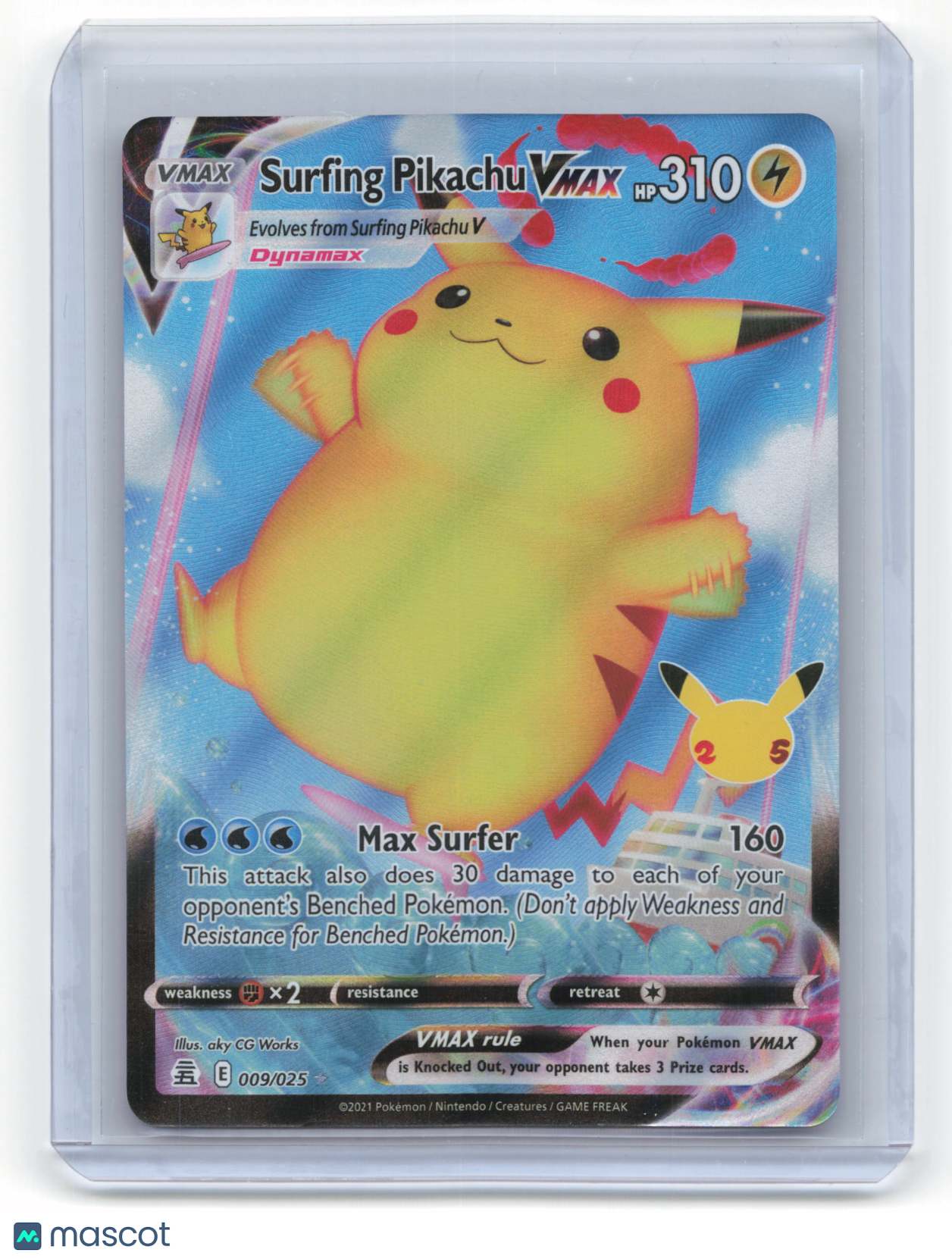 2021 Pokemon Surfing Pikachu VMAX Celebrations Rare Holo #9/25 Near Mint