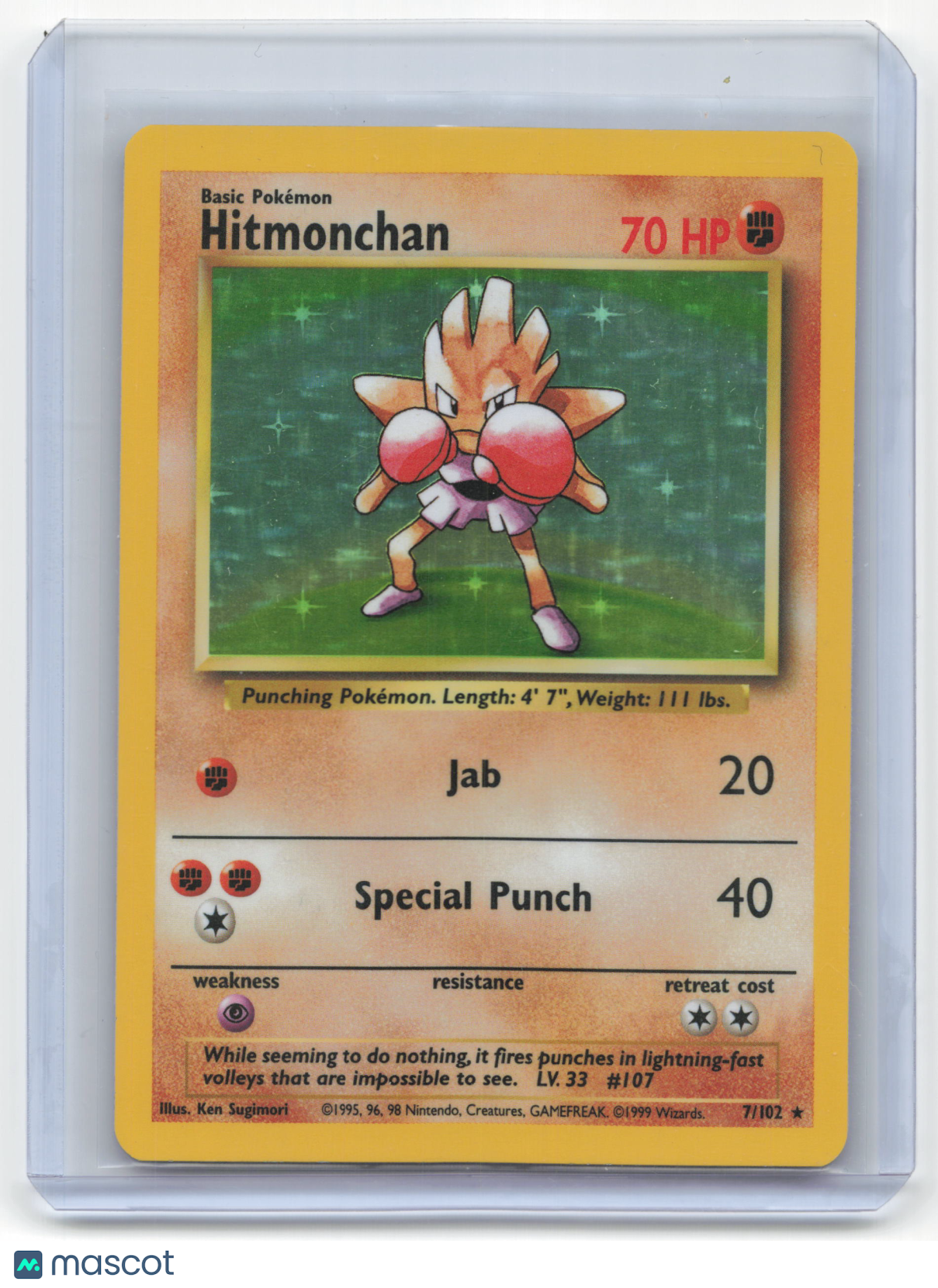 1999 Pokemon Hitmonchan Base Set Rare Holo #7/102 Lightly Played