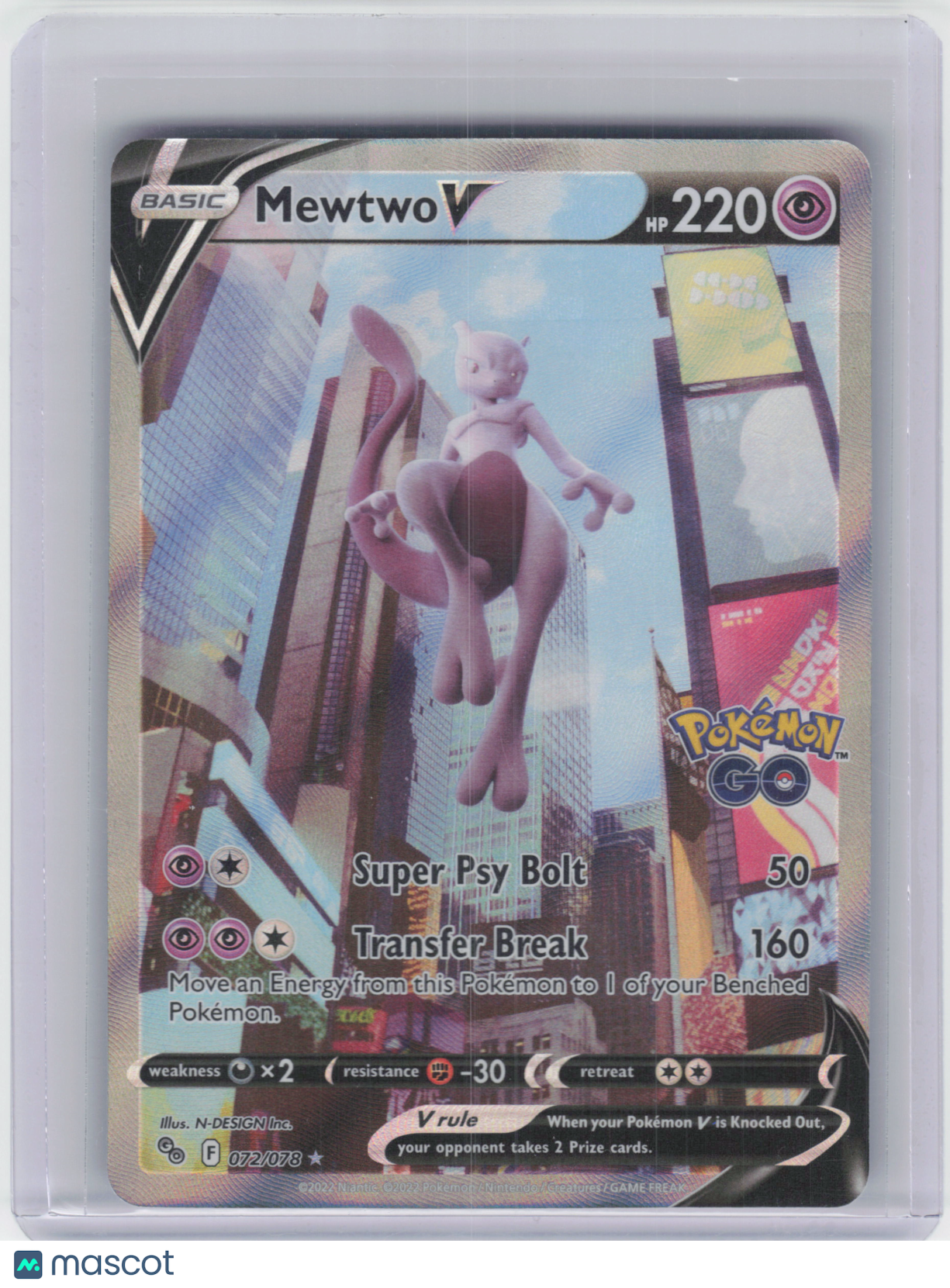 2022 Pokemon Mewtwo V Pokémon GO Rare Holo #72/78 Near Mint