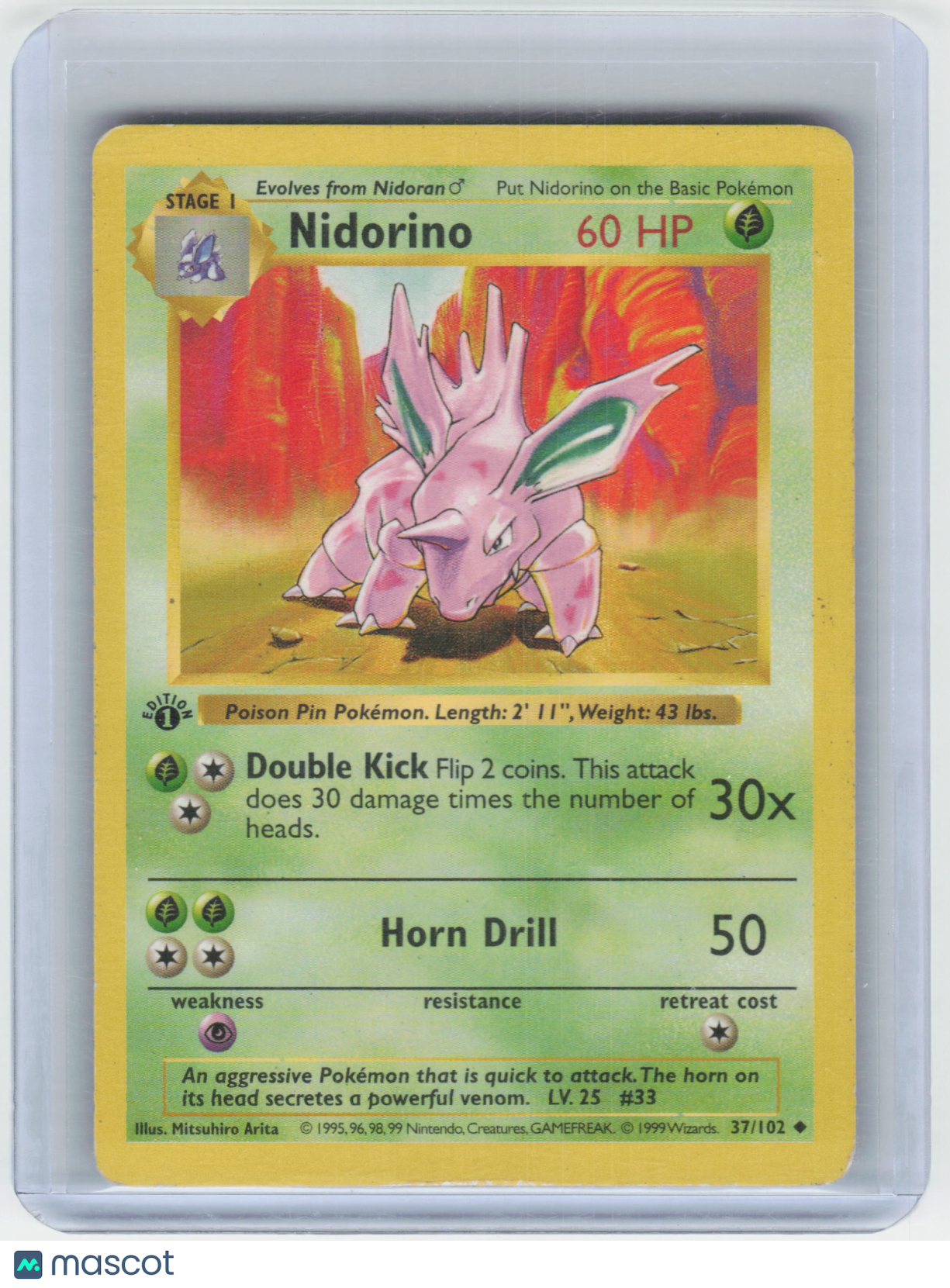 1999 Pokemon Nidorino #37/102 Base Set Non-Foil 1st Edition Heavily Played
