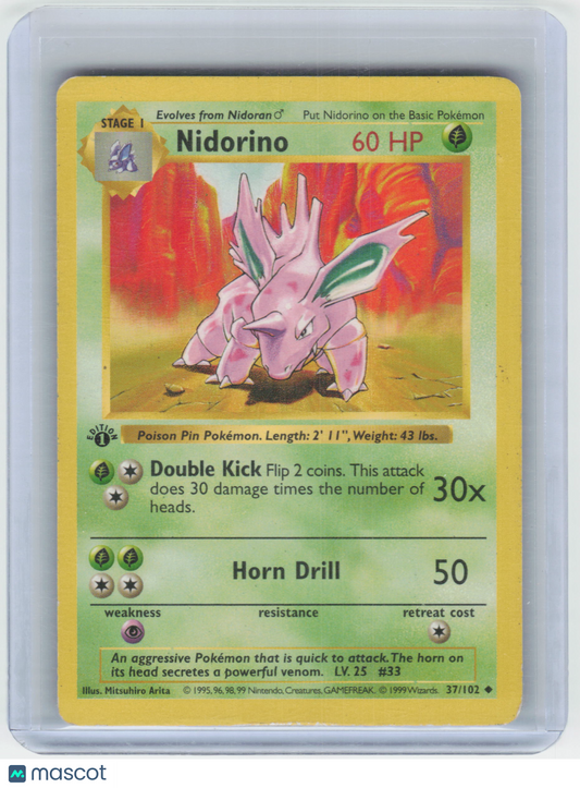 1999 Pokemon Nidorino #37/102 Base Set Non-Foil 1st Edition Heavily Played
