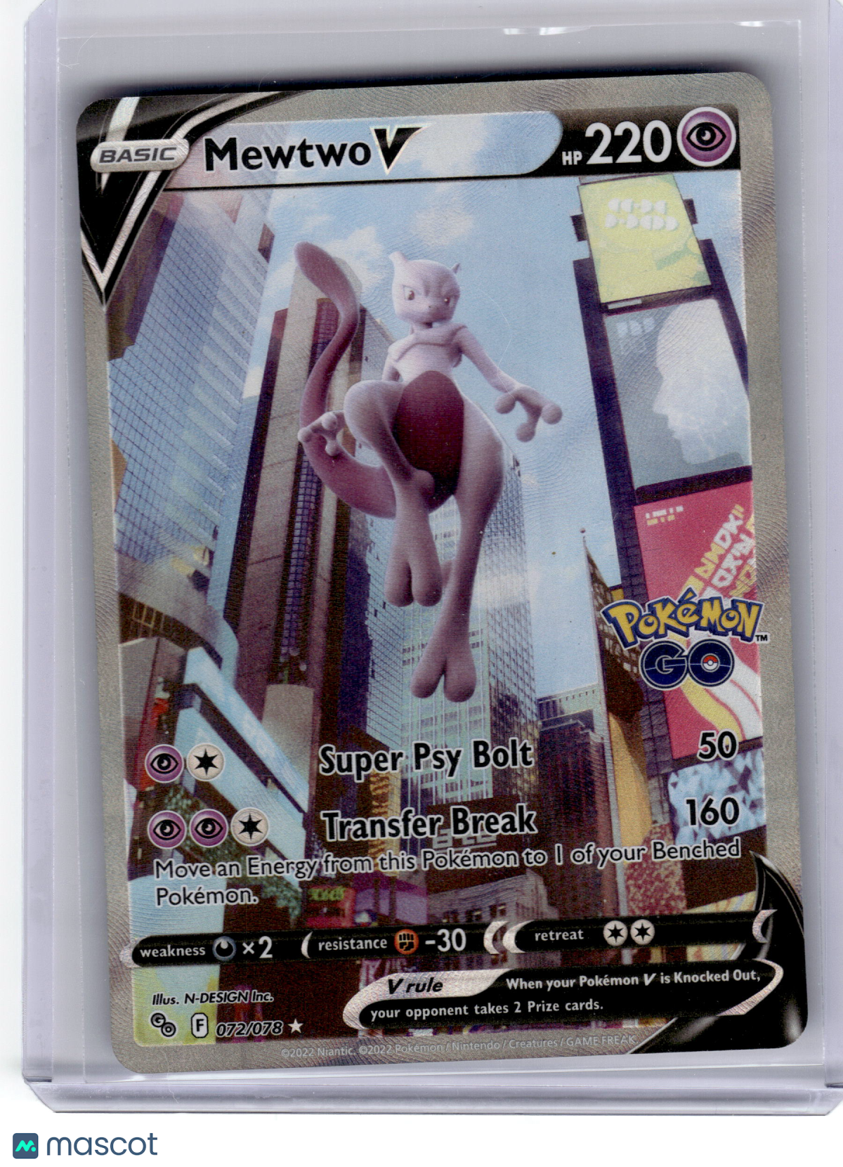 2022 Pokemon Mewtwo V Pokémon GO Rare Holo #72 Lightly Played
