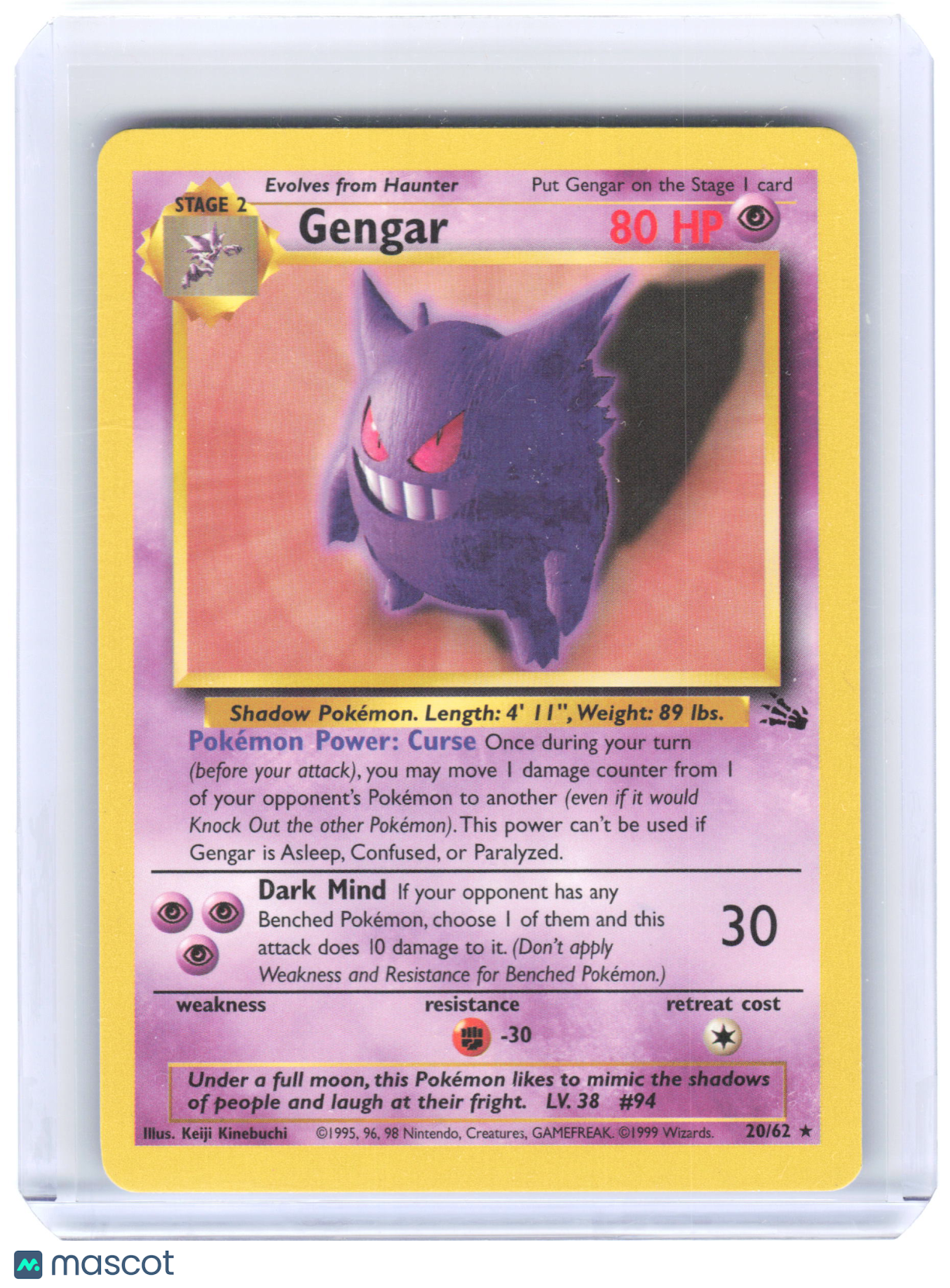 1999 Pokemon—Gengar #20/62 Fossil—Rare Non-Foil