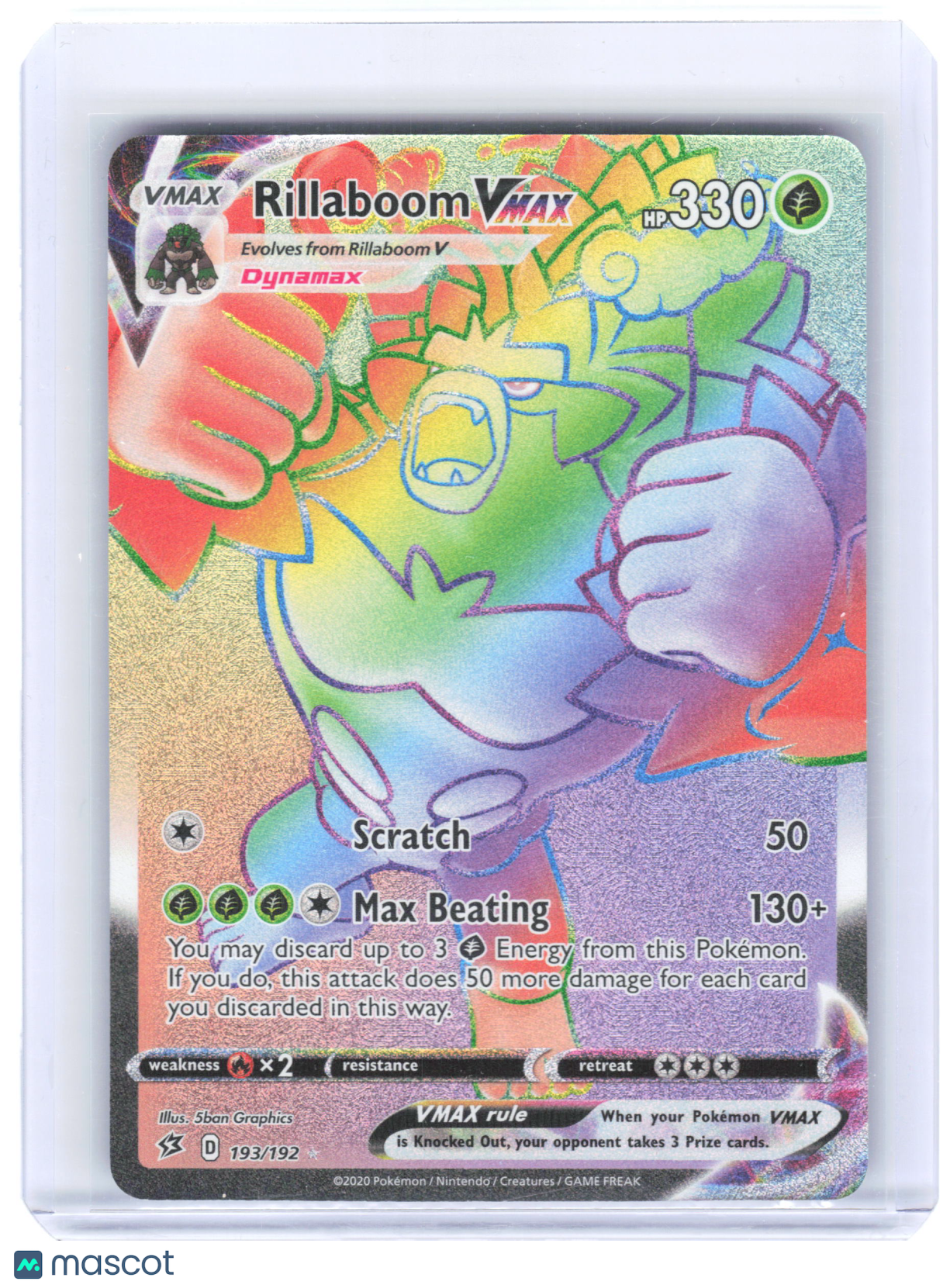 2020 Pokemon—Rillaboom VMAX #193/192 Rebel Clash—Secret Rare Foil