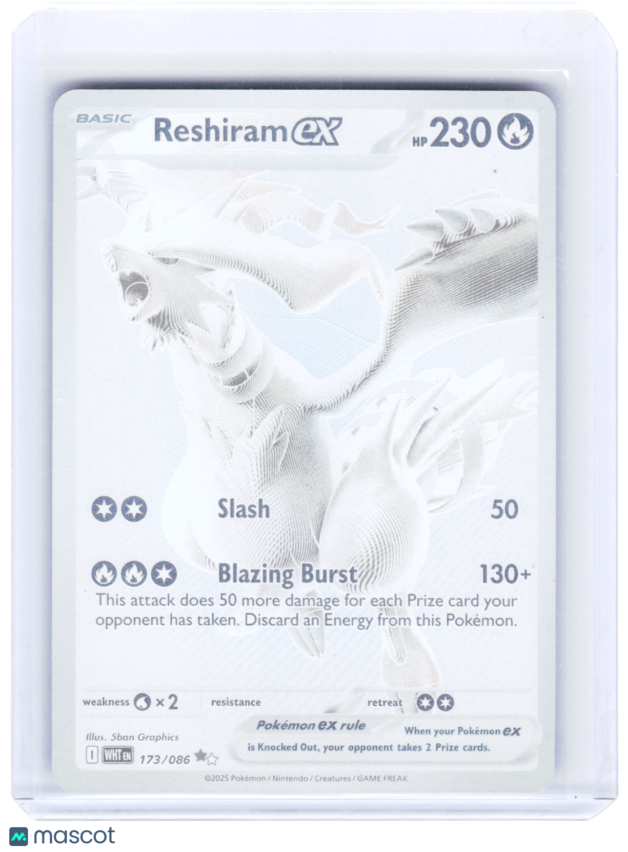 2025 Pokemon—Reshiram ex #173/086 White Flare—Black White Rare Holo