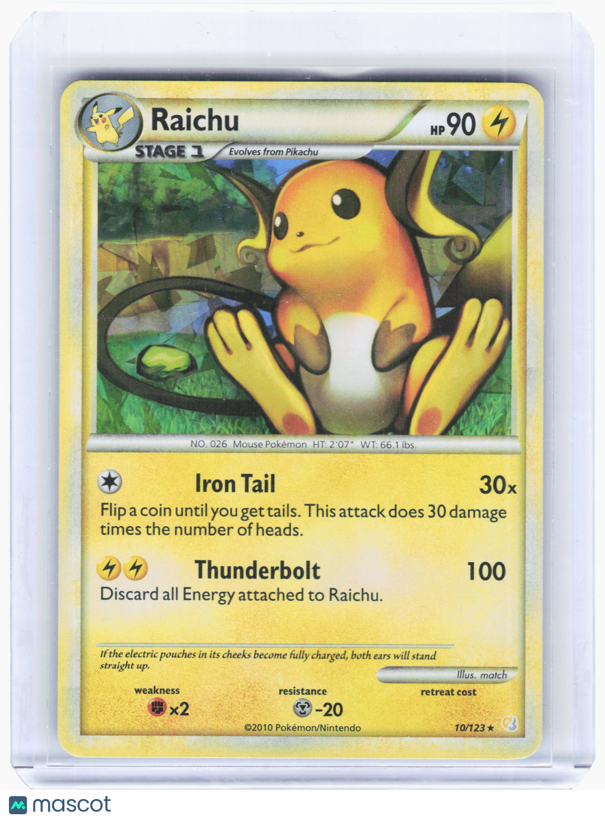 2010 Pokemon—Raichu #10 HeartGold & SoulSilver—Rare Holo Near Mint