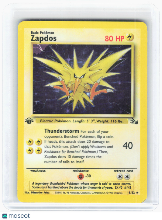 1999 Pokemon—Zapdos #15 Fossil—Rare Holo Heavily Played 1st Edition