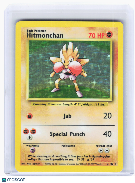 1999 Pokemon—Hitmonchan #7 Base Set—Rare Holo Heavily Played