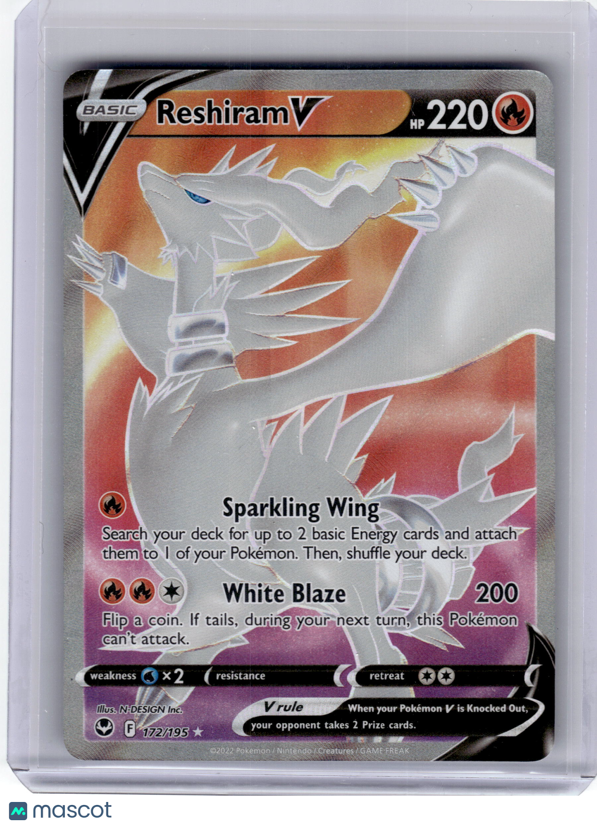 2022 Pokemon—Reshiram V #172 Silver Tempest—Ultra Rare Holo Near Mint