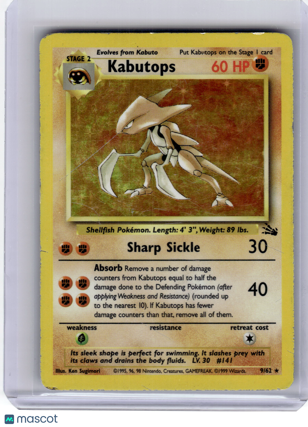 1999 Pokemon—Kabutops #9 Fossil—Rare Holo Damage