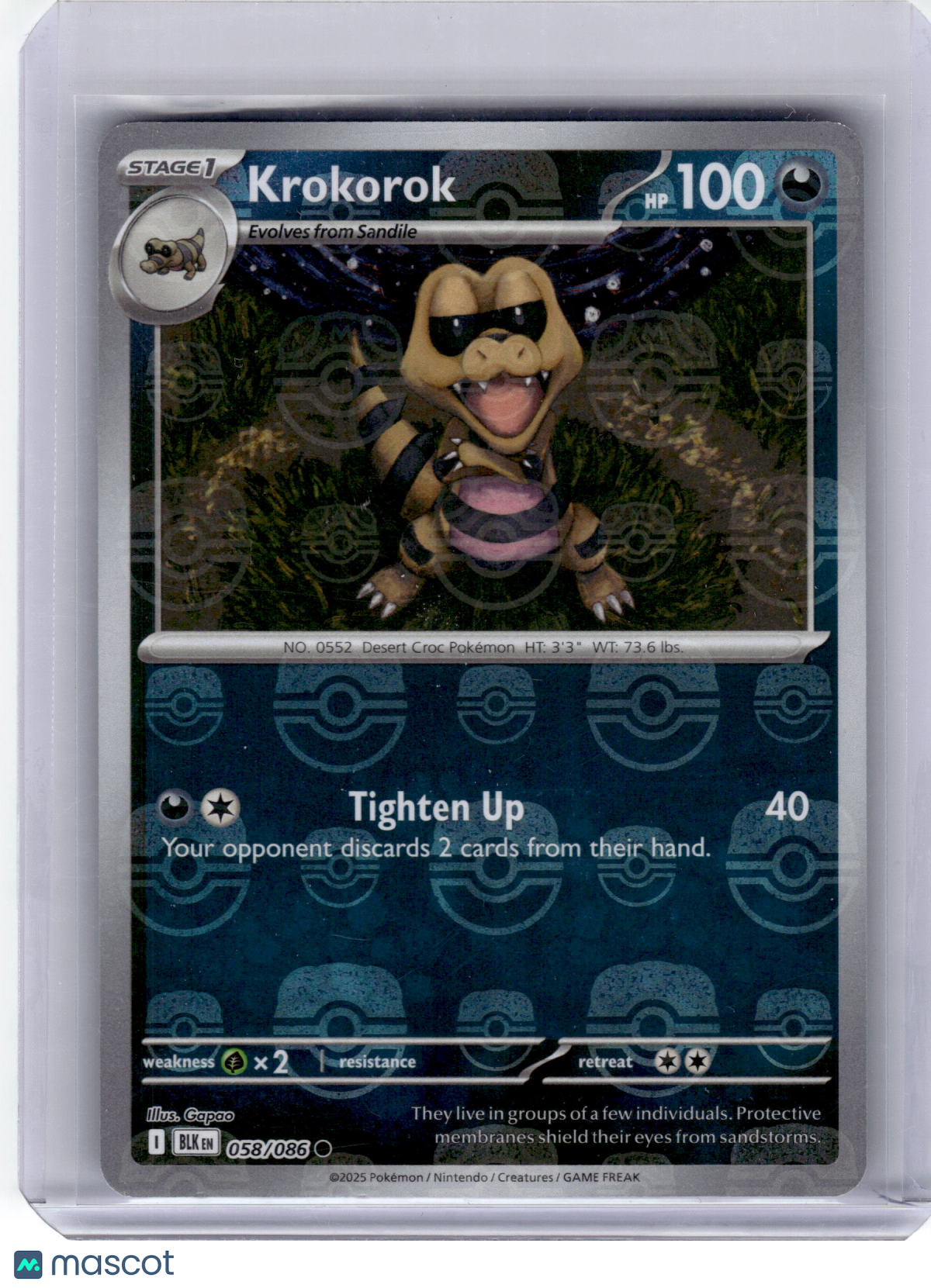 2025 Pokemon—Krokorok #58 Black Bolt—Reverse Holo (Masterball) Near Mint