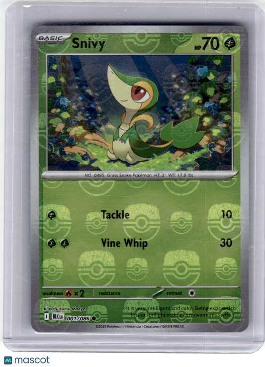 2025 Pokemon—Snivy #1 Black Bolt— Reverse Holo (Masterball) Near Mint