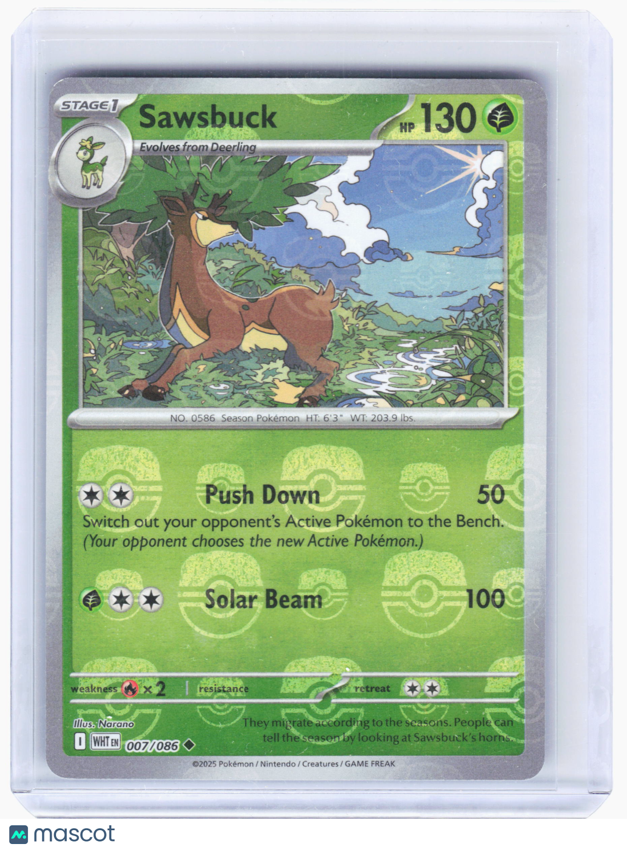 2025 Pokemon—Sawsbuck #007/086 White Flare—Reverse Holo (Master Ball Pattern)