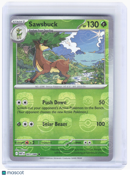 2025 Pokemon—Sawsbuck #007/086 White Flare—Reverse Holo (Master Ball Pattern)