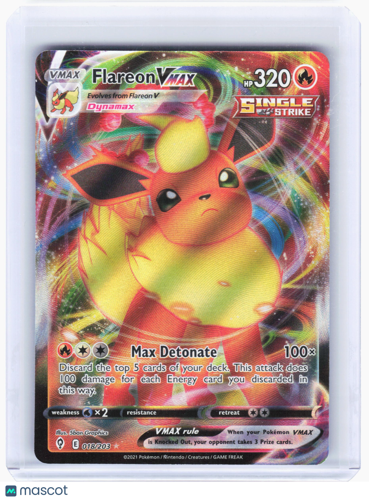 2021 Pokemon—Flareon VMAX #018/203 Evolving Skies—Ultra Rare Holo