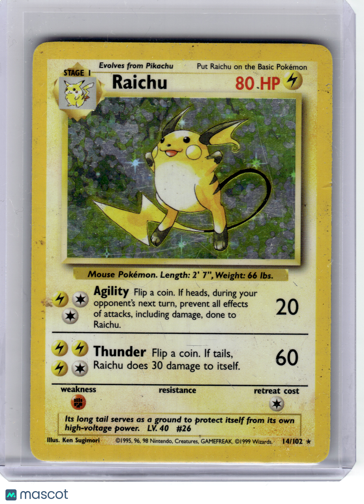 1999 Pokemon—Raichu #14 Base Set—Rare Holo [Damage]