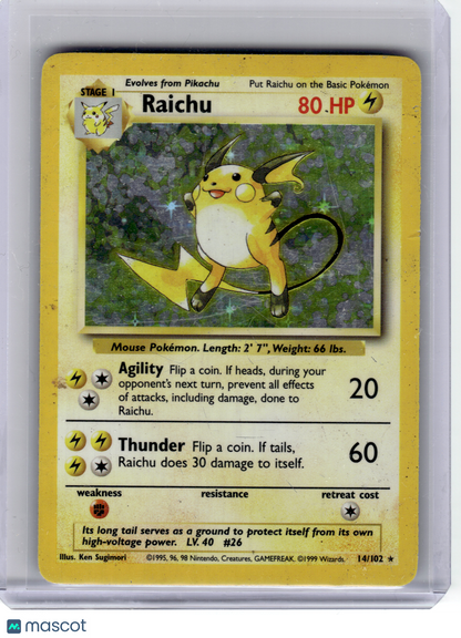 1999 Pokemon—Raichu #14 Base Set—Rare Holo [Damage]