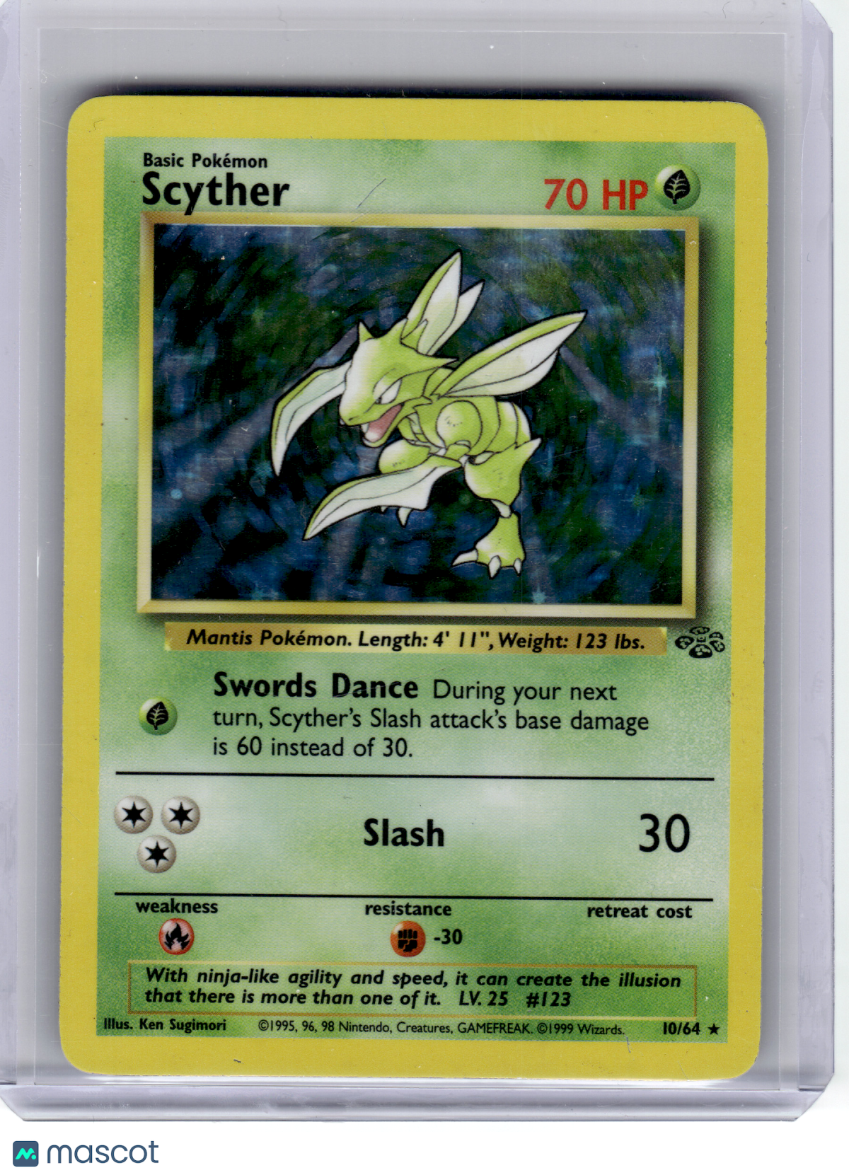 1999 Pokemon—Scyther #10 Jungle—Rare Holo [Damage]