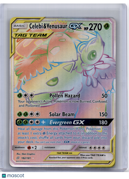 2019 Pokemon—Celebi & Venusaur GX #182 Team Up—Secret Rare Holo