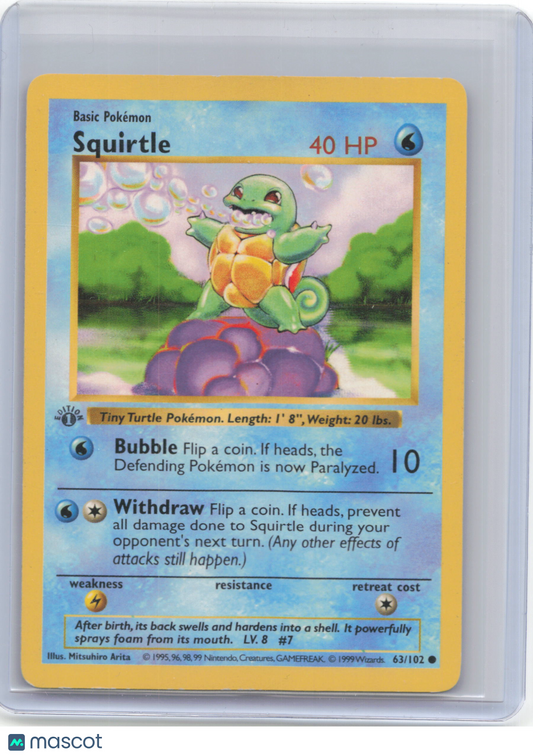 1999 Pokemon—Squirtle #63/102 Base Set (Shadowless)—Common(MP) 1st Edition