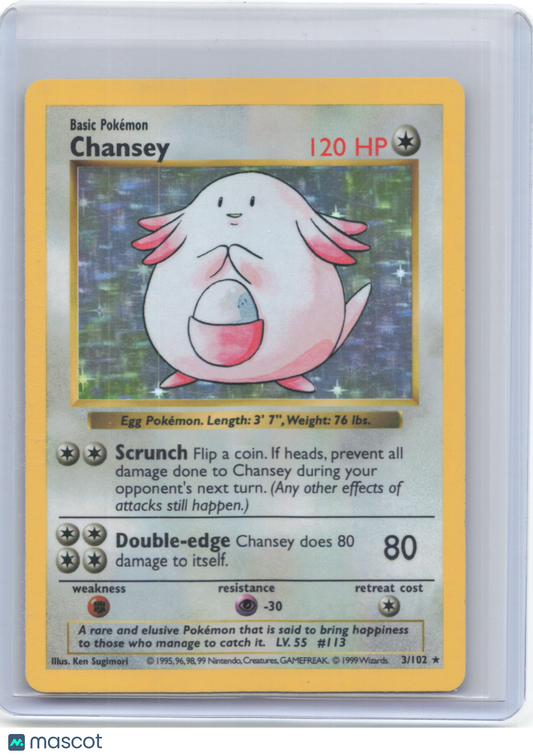 1999 Pokemon—Chansey #3/102 Base Set (Shadowless)—Holo Rare(MP)