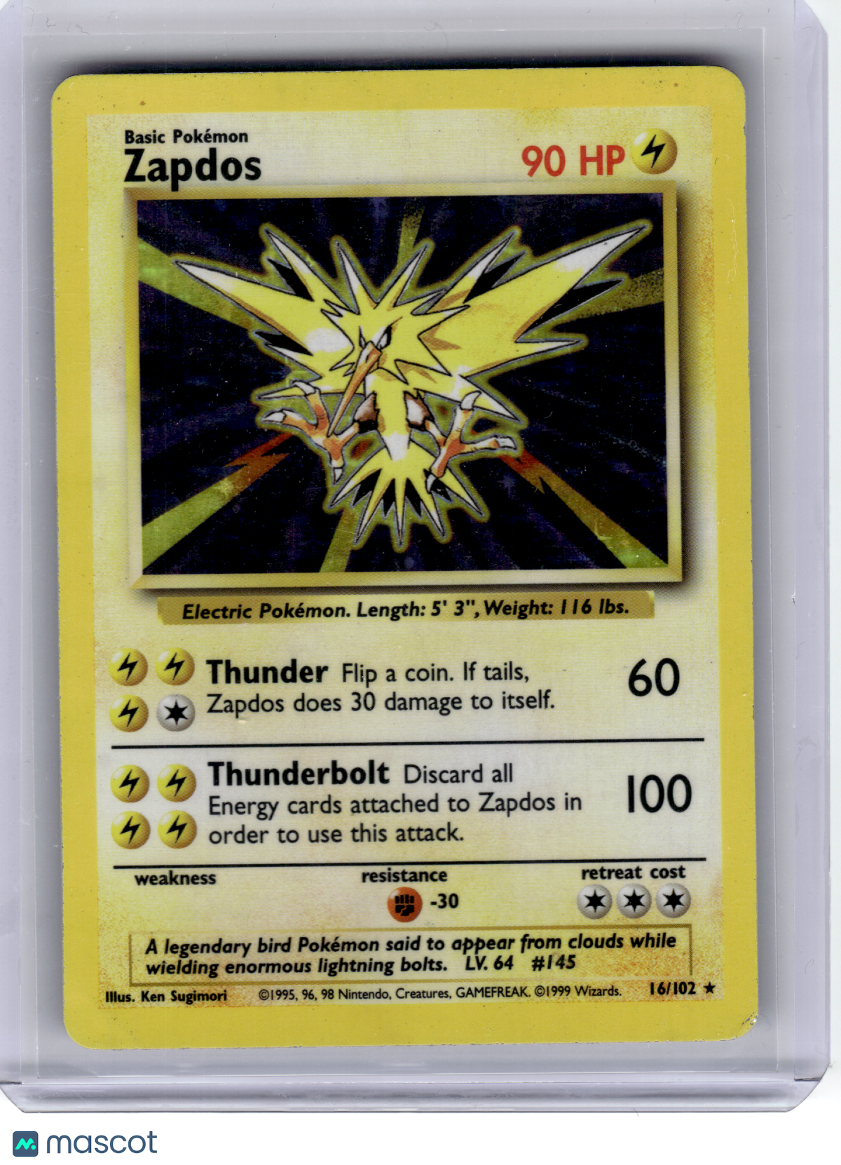 Pokemon—Zapdos #16 1999 Base Set—Rare Holo [Moderately Played]