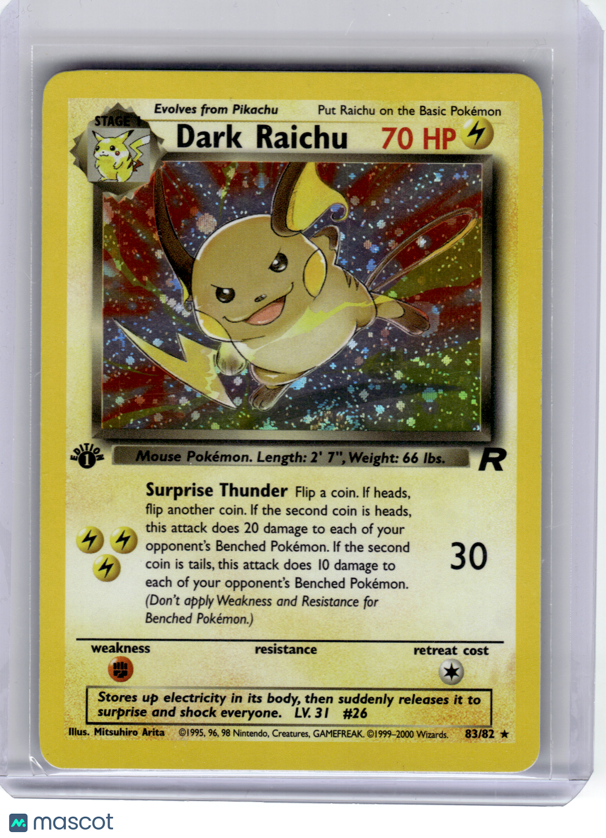 2000 Pokemon—Dark Raichu #83 Team Rocket—Secret Rare Holo 1st Edition